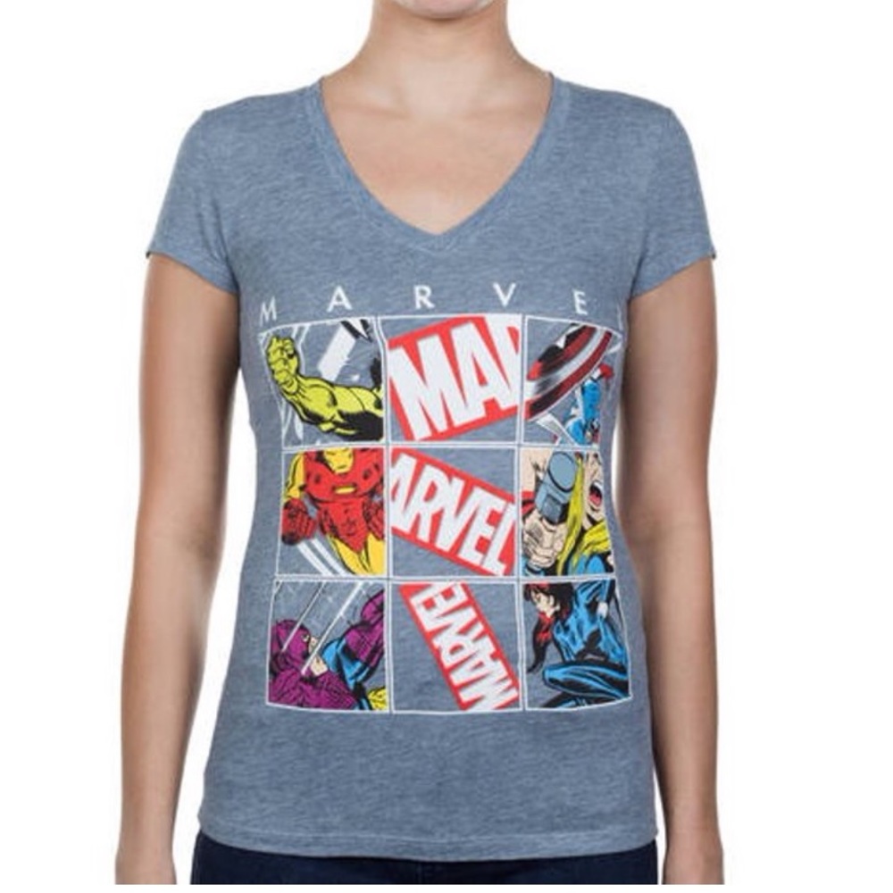 Marvel Grid Captain America Thor Hulk Iron Man Short Sleeve V-neck Graphic Tee